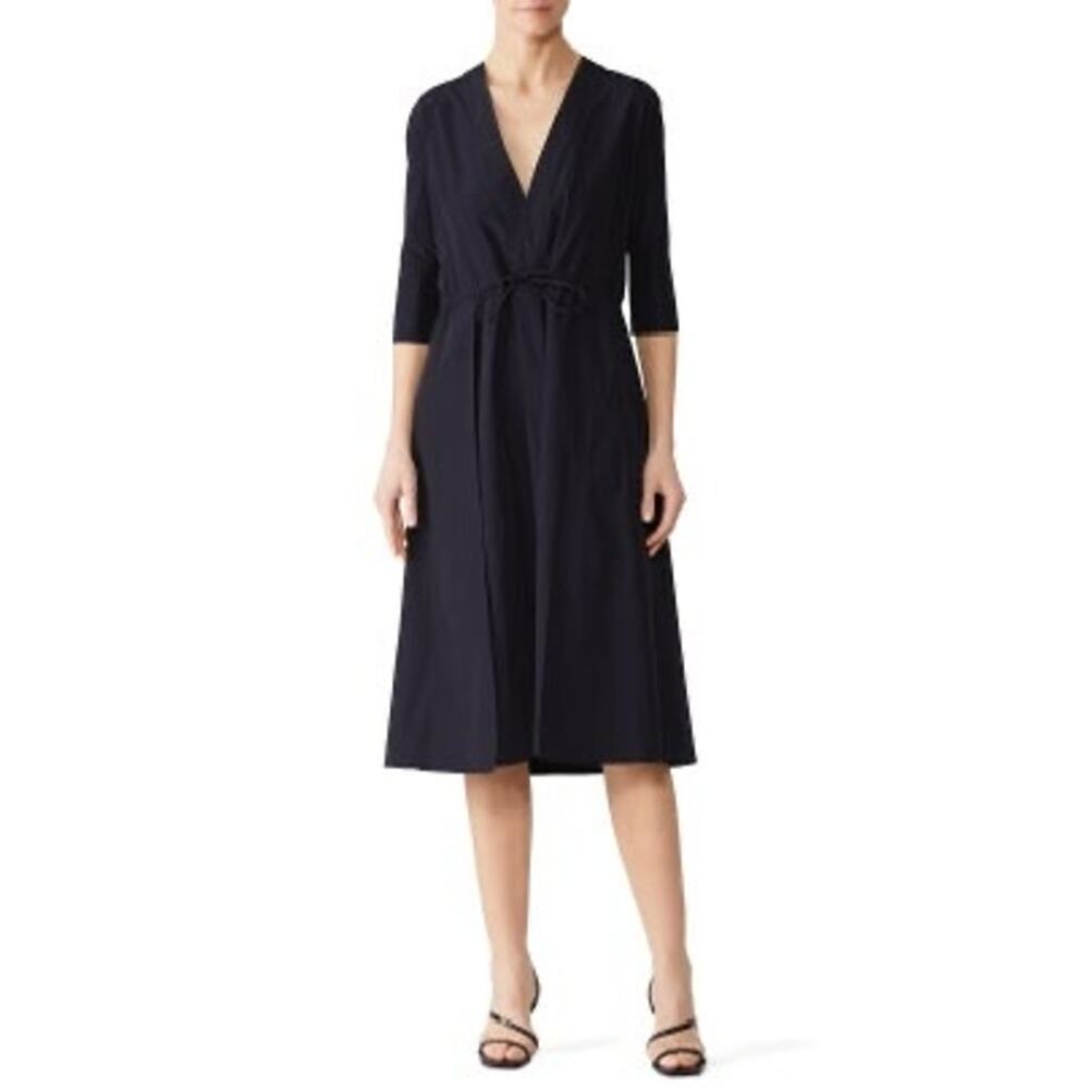 JIL SANDER NAVY Cotton Hourglass Woven Drawstring V-Neckline Dress Size 34